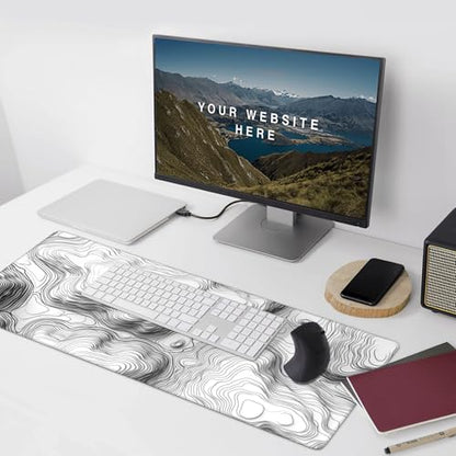 White Topographic Mouse Pad, XXL Extended Gaming Desk Mat, Non-Slip Rubber Base, Stitched Edges, 35.4" x 15.7" - color: White Topographic