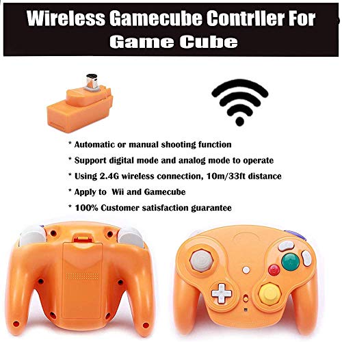 VTone Wireless Game Cube Controller, 2 Pieces 2.4G Wireless Classic Gamepad with Receiver Adapter for Wii Game Cube NGC GC (Orange and Dark Blue)