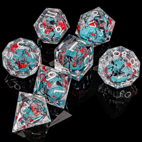 ARUOHHA DND Resin Dice Plum Blossom Liquid Core Dice Silver Blue Sharp Edged Dragons Polyhedral Dice Set with Gift Box, Role Playing Game Dungeons D and D Dice Set D20 D12 D10 D6 D4 - color: Flower&silver Blue
