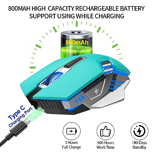 Bluetooth Wireless Mouse Rechargeable 3 Device Connection with LED Backlit | Quiet Click, Ergonomic, 7 Buttons, 3-Mode(2.4G/BT5.0/BT3.0), RGB Gaming Computer Mice for Laptop PC MacBook - Mint Green - color: Mint Green