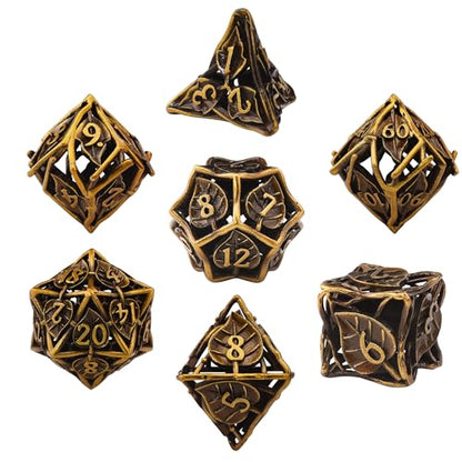 AUSTOR 7 Pieces DND Dice Set Leaf Metal Hollow Polyhedral Dice D20 D12 D10 D% D8 D6 D4 with Metal Box for Dungeons & Dragons RPG Board Games(Antique Gold) - color: Antique Gold