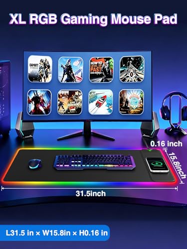 XXL RGB Gaming Mouse Pad with 15W Magnetic Wireless Charger | 31.5'' x 15.8'' Extra Large LED Desk Mat, 24 Light Effects, Non-Slip Rubber Base, Waterproof Easy Gliding Surface - color: RGB-Magnetic Right Charger-31.5"x15.8"