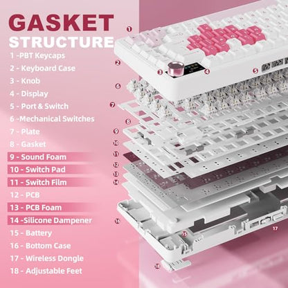 YUNZII B75 PRO MAX QMK/VIA Wireless Mechanical Keyboard | 75% Layout with Screen and Knob, Custom Hot Swap, Gasket, Creamy Switches, for Win/Mac (White Heart,Milk V2 Switch) - color: White Heart, size: Milk V2 Switch