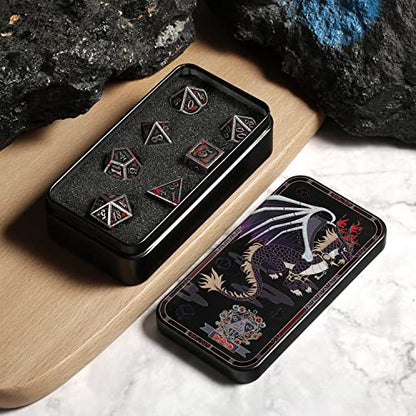 Acient Silver Bloodstained Metal Dice Set DND, DNDND 7PCS Metallic Halloween Die with Metal Case for Dungeons and Dragons Tabletop Games - color: Blood Iron
