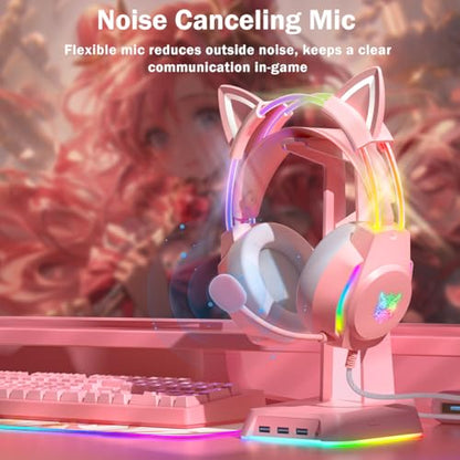 Gaming Headset with Microphone, Cat Ear Headphones for PC Laptop PS4 PS5 Xbox Switch, Pink, Rainbow RGB Lighting & Virtual Surround Sound, 3.5mm Wired Over Ear Headphones, Ergonomic - color: Pink Cat Ear