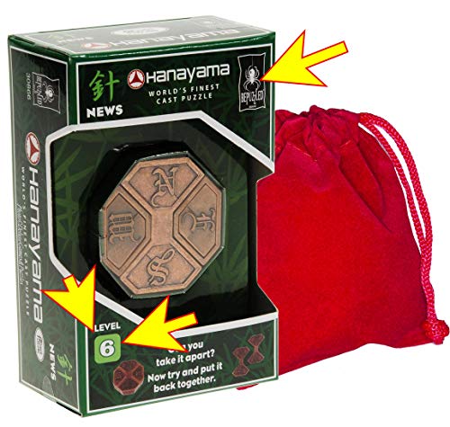 Hanayama News Cast Metal Brain Teaser Puzzle with Red Velveteen Pouch Bundled Items