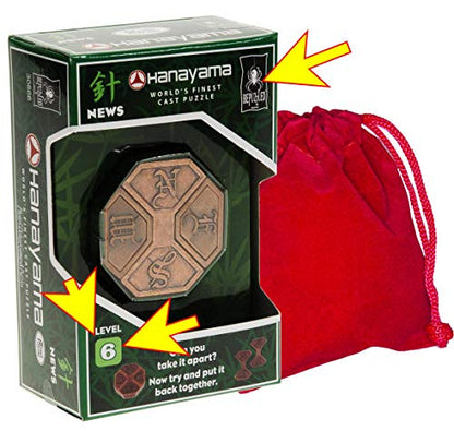 Hanayama News Cast Metal Brain Teaser Puzzle with Red Velveteen Pouch Bundled Items