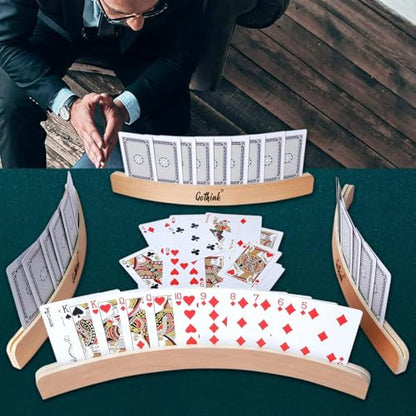 GOTHINK Set of 4 - Wood Curved Playing Card Holder for Kids Adult Seniors Solid Wood Cards Holders for Playing Cards 13.4 x1.4 x 0.5 Inch Non Slip Card Deck for Bridge Canasta Strategy Card Games - style: One Slot
