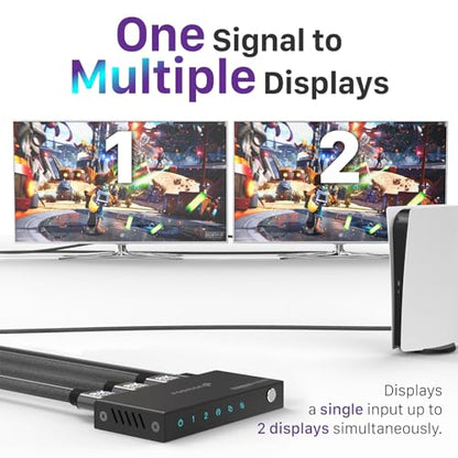 Fosmon 8K HDMI Splitter 1 in 2 Out, 1x2 4K@120Hz HDMI 2.1 Splitter for Dual Monitor Screen Duplication, Support EDID Control (Copy/Auto/Downscaler), LPCM, DTS, Dolby Digital, HDCP2.3, CEC, HDR10