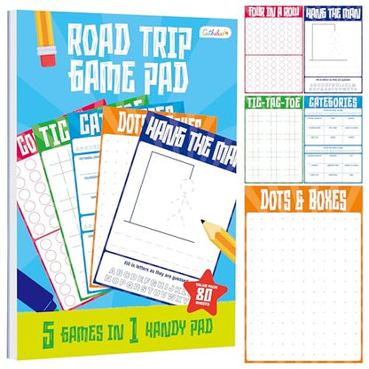 Gethelud Road Trip Game Pad, 80 Tear-Off Sheets 5 Classic Games in 1 Pad, Dots & Boxes, Tic-tac-Toe, Categories, Plane Travel, Car Trip Activity, Pen Pencil & Paper Game for Kids, Adults (4” x 6”) - style: Classic(4” x 6”)