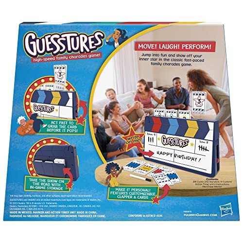 Hasbro Gaming Guesstures Game, Charades Games for 4 or More Players, Includes Customizable Cards and Clapper, Family Party Game for Ages 8 and Up
