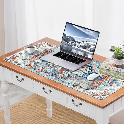 iLeadon Mouse Pad Set, 4in1 Large Gaming Desk Mat with Wrist Rest | Desk Mat with Wrist Rest, Keyboard Wrist Rest and Coaster, Mouse Pad Set for Home Office ,Retro Boho Floral Blue - color: Retro Boho Floral Blue