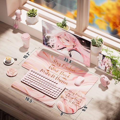 Large Mouse Pad and Keyboard Wrist Rest + Desk Mat Set,Full Long Mouse Pads for Desk Accessories with Memory Foam Gel Pink Mousepad for Women Computer Desktop Office Work-Rose Gold & Pink | Ergonomic,Pain Relief, 4-in-1 Large Big Mousepad Computer Mats,De