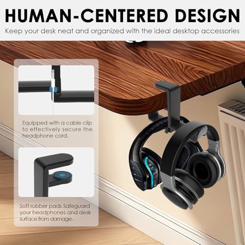 2 Pack Dual Headphone Hanger for Desk | Under Desk Hook, 360° Rotating, Clamp Mount, No Drill, Cable Clip