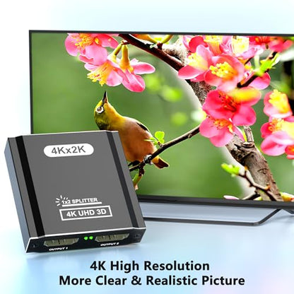 HDMI Splitter 1 in 2 Out, 4K HDMI Splitter for Dual Monitors- Copy 1 Source to 2 Displays at The Same Time (Need Power 5V 1A), Monitor Split for 2 Monitors, Compatible for Projector/TV/Monitor.