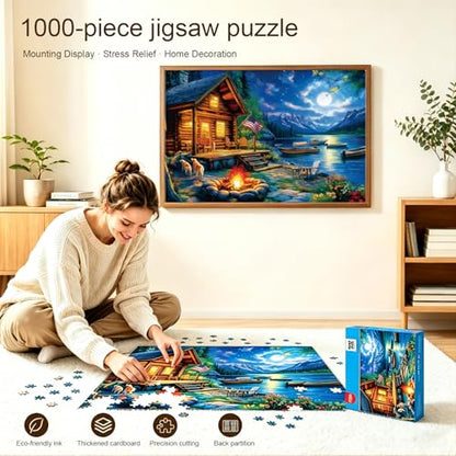 1000 Piece Puzzle for Adults, 20 x 27 inches Jigsaw Puzzles - Moonlit | Tight Piece Fit, 1:1 Reference Poster, Lettered Back, Minimal Puzzle Dust, Vibrant Colors, 2mm Extra-Thick Pieces - color: 1000 Pieces-moonlit Lake Cabin