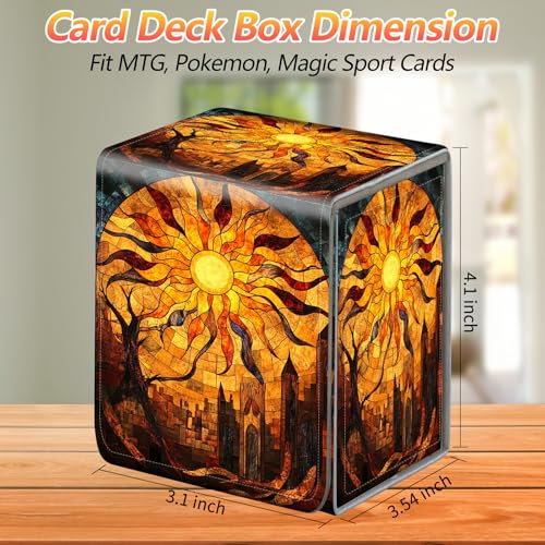 Card Deck Box, Card Storage Box Fits 100+ Single Sleeved Cards, Large Capacity PU Leather Card Storage Box with Strong Magnet for Magic Commander TCG/CCG, Magic Sun - color: Magic Sun
