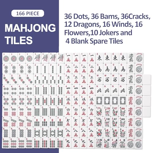TIASUSAN American Mahjong Game Set, 166 White Tiles, Blue Printed Bag with Entire Accessories, 4 All-in-One Rack/Pushers, Mahjong Tiles Set - color: Blue