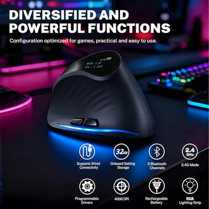 Gaming Mouse with Display, Wireless Vertical Ergonomic Mouse with Tri-Mode Connectivity, 7 Programmable RGB Buttons, 4000 DPI, Rechargeable for PC Laptop Mac - color: Gray
