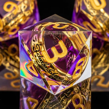 OUKELANWO Magic Lord Rings DND Dice Set with Box, 7Pcs Resin LOTR D&D Dice Set for Role Playing Game, Purple Gold Dungeons Dragons D and D Sharp Edge Dice D20 D12 D10 D8 D6 D4 - color: Purple