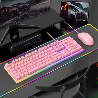 MageGee GT838 Gaming Keyboard and Mouse Combo, 104 Keys RGB Backlit Quiet Wired Keyboards for Laptop PC MAC, with Number Pad, Metal Panel, Anti-Ghosting, Pink - color: Pink
