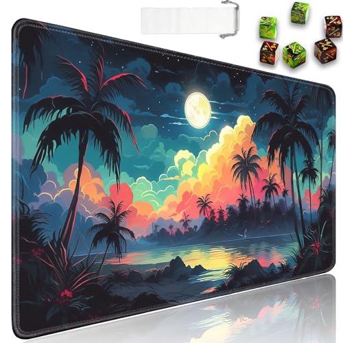 for MTG Playmat + Drawstring Travel Pouch + 6 Dice Counter, for Tabletop Trading Card Game Playmats or Large Mouse Pad, Anti-Slip Rubber 24 x 14 in, Beautiful Blue Night for TCG Playmat - color: JV-Playmat-1-F-167