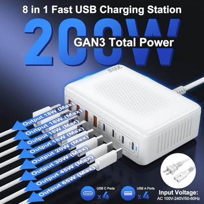 USB C Charger Block 200W Charging Station Hub for Multiple Devices Upgraded GaN III 8-Port PD 65W Fast Laptop Power Adapter for MacBook Pro/Air,DELL,iPad,HP,iPhone 16/15,Samsung S25/S24,Steam Deck etc