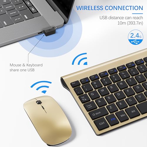 Wireless Keyboard and Mouse Ultra Slim Combo, TopMate 2.4G Silent Compact USB 2400DPI Mouse and Scissor Switch Keyboard Set with Cover, Batteries Included, for PC/Laptop/Windows/Mac - Gold Black - color: Gold Black