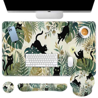 Britimes Green Tropical Plants Keyboard Mouse Pad Set Black Cats 4in1 Large Mousepad+Keyboard Wrist Rest+Mouse Wrist Rest+Coaster Ergonomic Design for Home Office Computer 35.4x15.7 inches - color: Tropical Plants and Cat