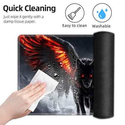 for MTG Playmat TCG Card Game Mat with Stitched Edges,Board Game Mats Non-Slip Waterproof Rubber Base 24 x 14 inch for CCG RPG DTCG Trading Card,Dark Wolf Wings - color: Dark Wolf Wings
