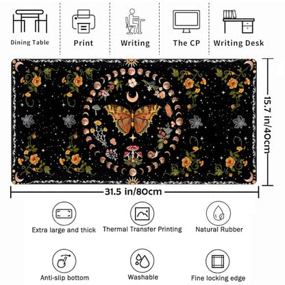 Moth Desk Pad Mushroom Phase Moon Phase Desk Mat, Boho Flowers and Leaves Computer Big Mouse Pad Washable Cloth Non-Slip Rubber Base Keyboard Pad Mouse Mat for Office with Stitched Eges 31.5x15.7 in - color: Black Butterfly Moon
