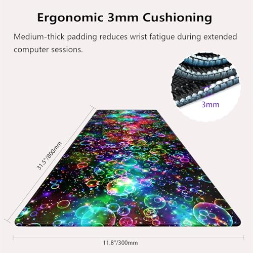 Rainbow Glitter Bubbles Large Mouse Pad, Magical Sparkle Aesthetic Desk Mat | Keyboard Mat Stitched, 31.5" x 11.8", Cosmic Nebula Starry Space, Vibrant Fantasy Abstract Art, Colorful Magical Galaxy - color: Vibrant Design J05K