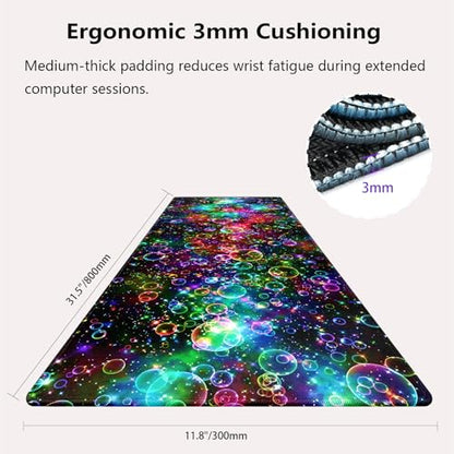 Rainbow Glitter Bubbles Large Mouse Pad, Magical Sparkle Aesthetic Desk Mat | Keyboard Mat Stitched, 31.5" x 11.8", Cosmic Nebula Starry Space, Vibrant Fantasy Abstract Art, Colorful Magical Galaxy - color: Vibrant Design J05K