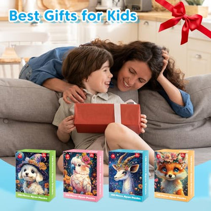 4 Packs 100 Piece Puzzles for Kids Ages 4-6, Jigsaw Puzzles for Kids Ages 6-8 8-10 Adorable Animals Puzzles 100 Pieces for Senior Search and Find Learning Educational Toys for Boys and Girls - style: Puppy Parrot Fox