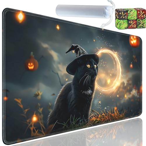 Playmat for MTG, 24x14 Inches Playmats, for TCG and CCG Trading Card Game Mat, Non-Slip Rubber for MTG Playmats with A Storage Bag and 6 Dice Set, Moon Black Cat Magic Pattern Black - color: Yu-Playmat-1-D118