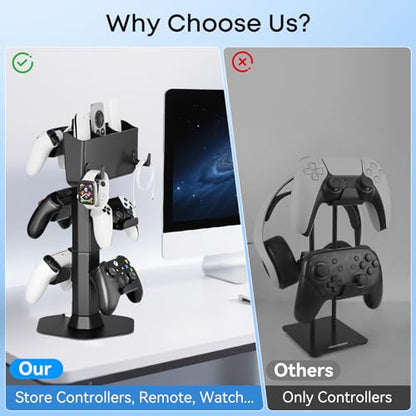 Headphone and Controller stand, Headphone Stand for Desk, PS5/PS4/Xbox/Switch Game Controller Holder, Gaming Headset Stand with Storage Box and Two Hooks for Remote Control Watch, Sega Genesis Consoles