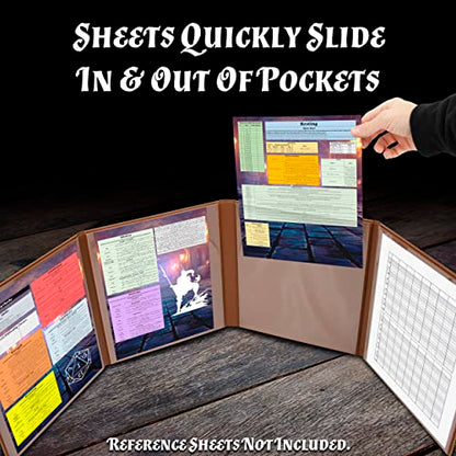 CASEMATIX DM Screen Faux Leather 8-Panel Deluxe GM Screen - Eight Panel Folding Game Master Screen with 2 Swinging Panels and Wet Erase Pockets for TTRPGs, Inserts Not Included, Brown - color: Brown