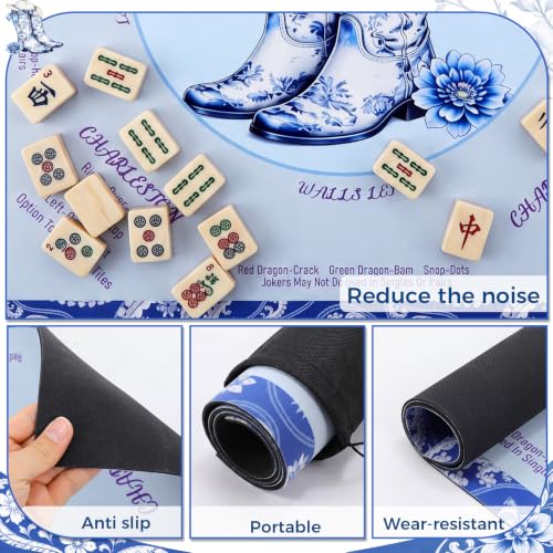 Blue American Western Boot Mahjong Mat with Rules 31.5" x 31.5" Non-Slip Noise Reduction Gaming Mat with Carrying Bag American Mahjong Table Cover for Poker Board Card Games Dominoes - style: Blue Cowboy Willow