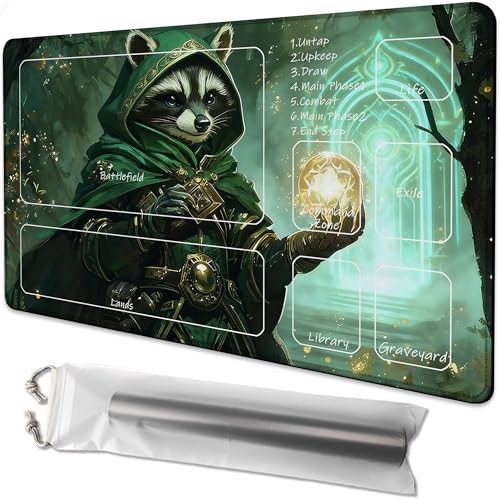 for MTG Playmat 24 x 14 Inches Sorcerer Raccoon Magic Play Mat Card Game Mat for Magic The Gathering TCG PTCG Playmat with Free Storage Bags Non-Slip Backing and Stitched Edge - color: Sorcerer Raccoon With Zones