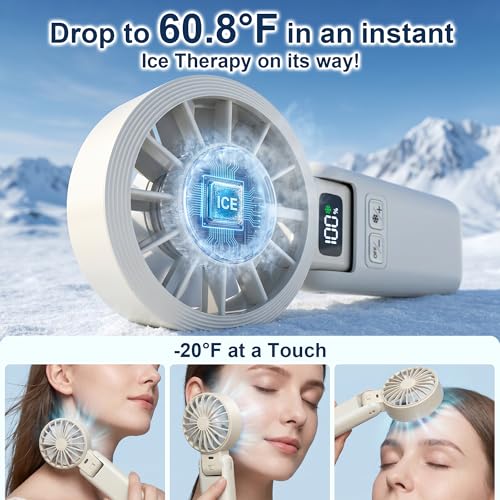 Portable Handheld Fan with Ice Cooling, 5.5m/s High Speed, Foldable Neck Fan, 5-Speed LED Display, 12H Battery, Independent Switch, Personal Fans for Travel, Concerts, Sports Events - White - color: White