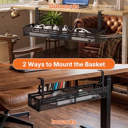 Under Desk Cable Management Tray, 15-25in Retractable Metal Cord Organizer Rack, No Drill Desk Tray with Clamp, Anti-Slip Pads Cable Tray for Home, Office, Gaming, Standing Desks