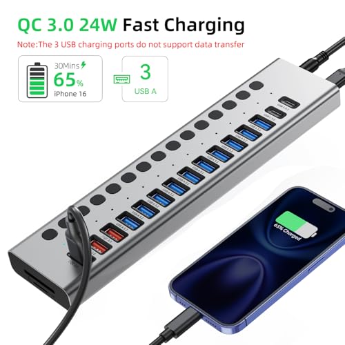 VANGREE Powered USB Hub 10Gbps, 17 Ports USB 3.2 Hub, 96W Power Adapter | 10 USB-A 3.2, 3 QC 24W Fast Charging, 2 USB-C 3.2, SD/TF, 12V/8A Power Adapter for Laptop, PC, Computer, HDD, Flash Drive - color: Silver