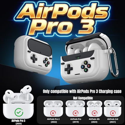Getino Retro Game Case for AirPods Pro 3 | Game Console Design Protective Cover with Foldable Stand, Secure Lock Anti-Drop Shockproof PC+TPU Case, Keychain & Cleaning Kit for Men & Boys, White - color: White