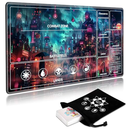 for MTG Playmat with Card Storage Bag,Non-Slip Rubber Base & Smooth Surface 24x14in,Beginner-Friendly Magic Mat for Commander Deck,Cyberpunk Neon City - color: Cyberpunk Neon City, size: 24 X 14 in