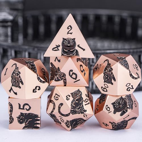 Metal DND Cat Dice 7PCS Polyhedral RPG Dice Set with Gift Case for Dungeons Dragons Role Playing Game, D and D Dice D6 D8 D10 D12 D20 D% (Copper Black) - color: Cat-copper Black
