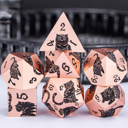 Metal DND Cat Dice 7PCS Polyhedral RPG Dice Set with Gift Case for Dungeons Dragons Role Playing Game, D and D Dice D6 D8 D10 D12 D20 D% (Copper Black) - color: Cat-copper Black