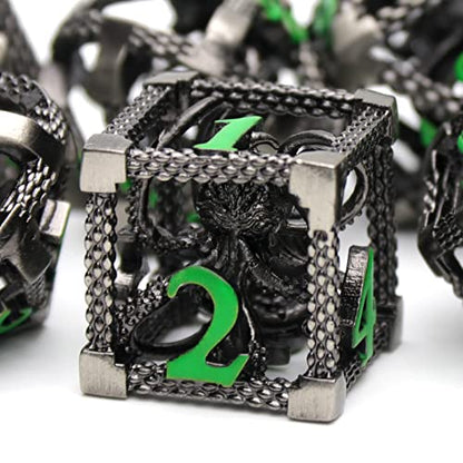 Hollow Cthulhu Metal Dice Set,7-Piece RPG Dice, Green Number | Lightweight Copper Dice,Easy-To-Read Numbers, a Gift Box and Velvet Bag for RPG Play, Gifting and Collecting. - color: Cthulhu Green Number