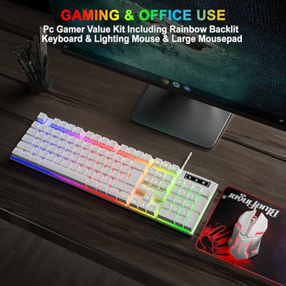 BlueFinger RGB Gaming Keyboard and Backlit Mouse Combo, USB Wired, LED Gaming Set for Laptop PC Computer Game and Work(White) - color: White