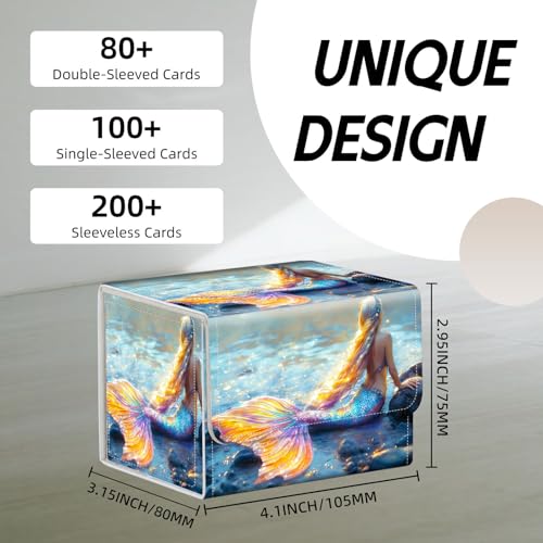 Trading Card Storage Box, Holds 100+ for MTG Cards, PU Leather with Magnetic Closure, Rainbow Mermaid Ocean Print Durable Deck Box for Magic the Gathering, Trading Card Games - color: Rainbow Mermaid Ocean Print