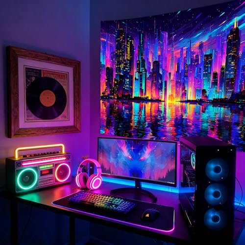 KKYEJLQYI Cyber City UV Reactive Tapestry, Black Light Neon Wall Tapestry, Luminous Space Tapestry, Bedroom, Living Room, Game Room Decoration Large Tapestry - color: City-2